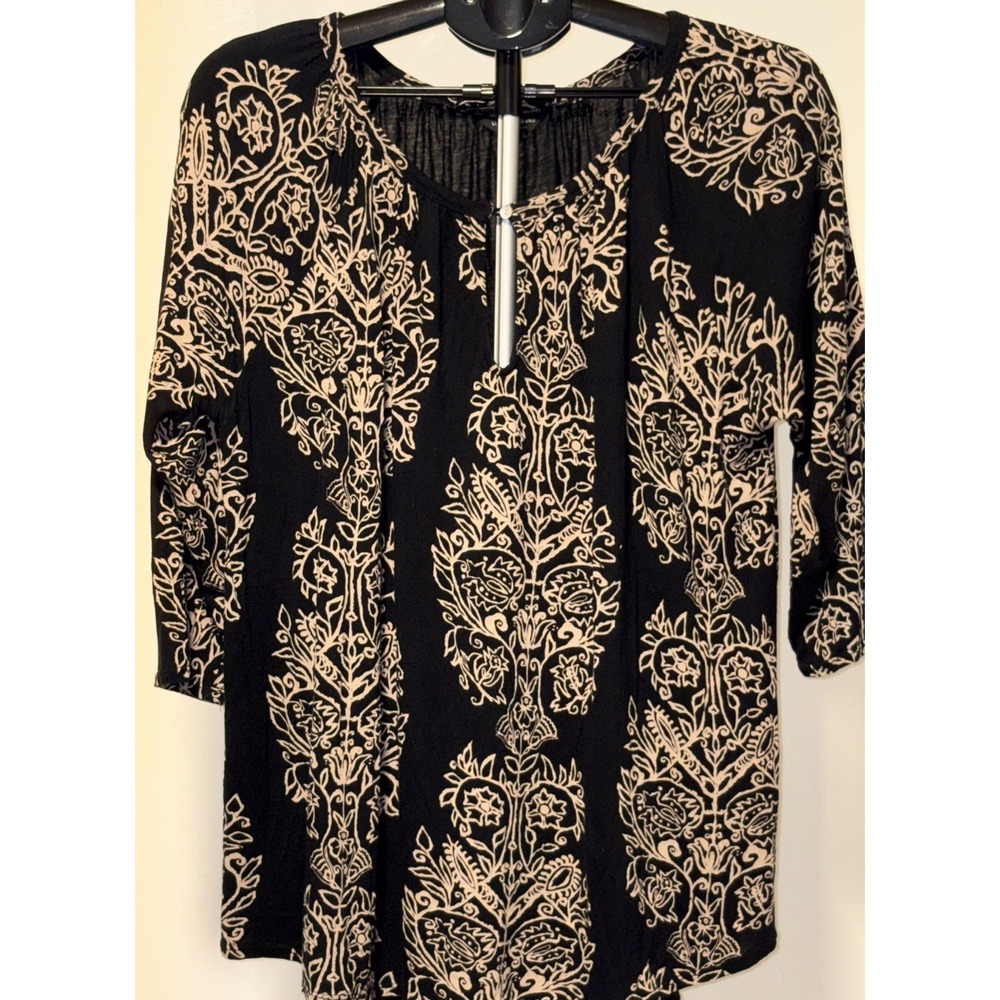 Lucky Brand Womens Tunic Top Black/Beige Floral 3/4 Sleeve Size 1X